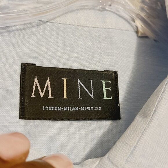 MINE | Men's Blue Multicolored Placket 100% Linen Button-Down Shirt (Size Large) - Picture 4 of 12